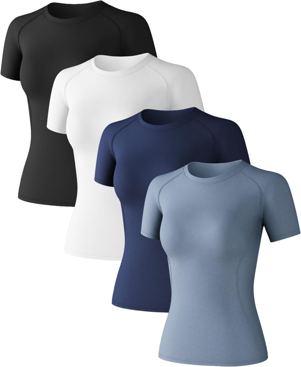 4 Pack Women's Long Sleeve Compression Shirts Athletic with T-Shirts Workout Tops for Gym Yoga Running