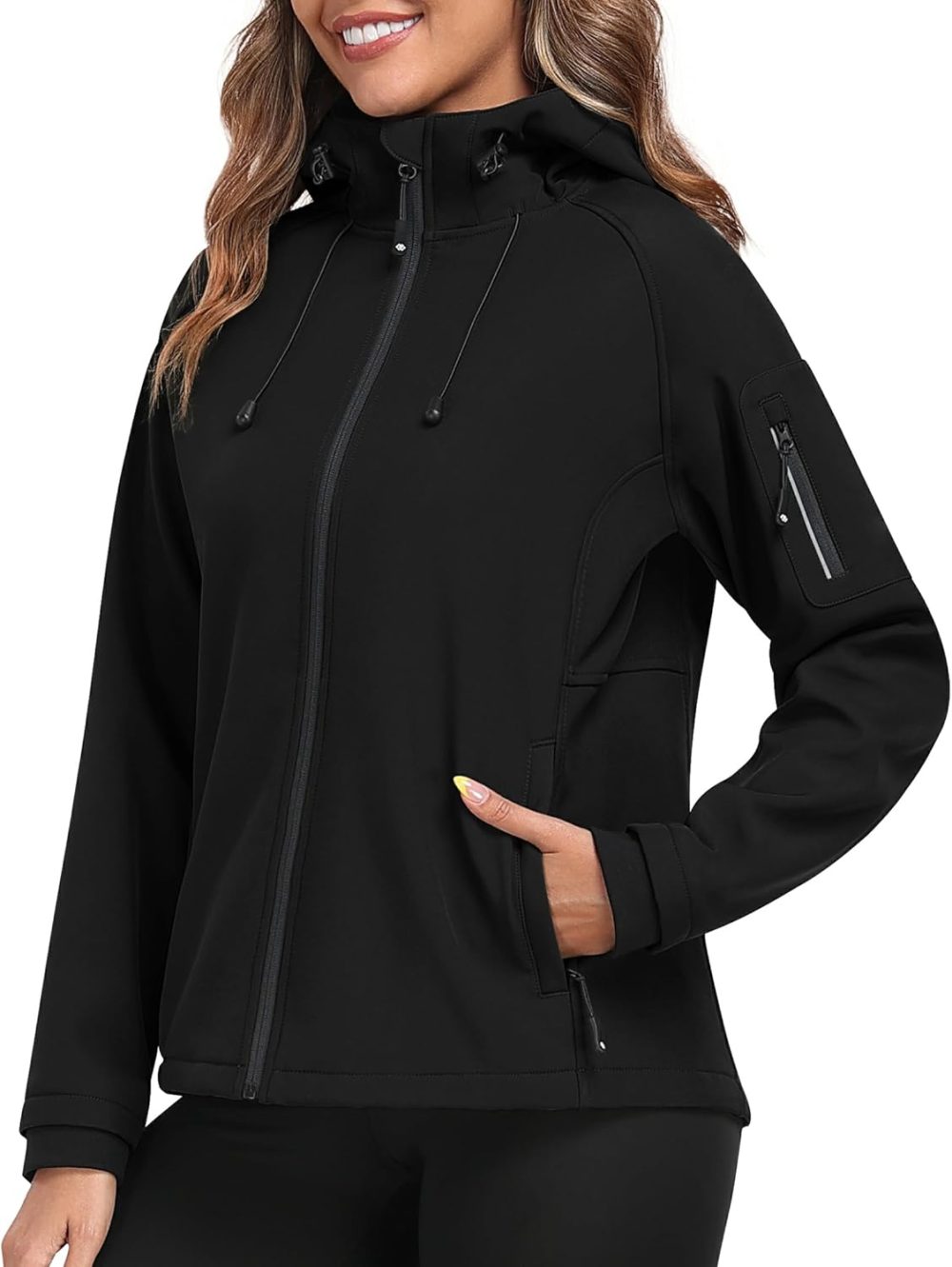 Women's Fleece Lined Softshell Jacket Hooded Windproof Lightweight Insulated Jacket Full Zip Warm Coat