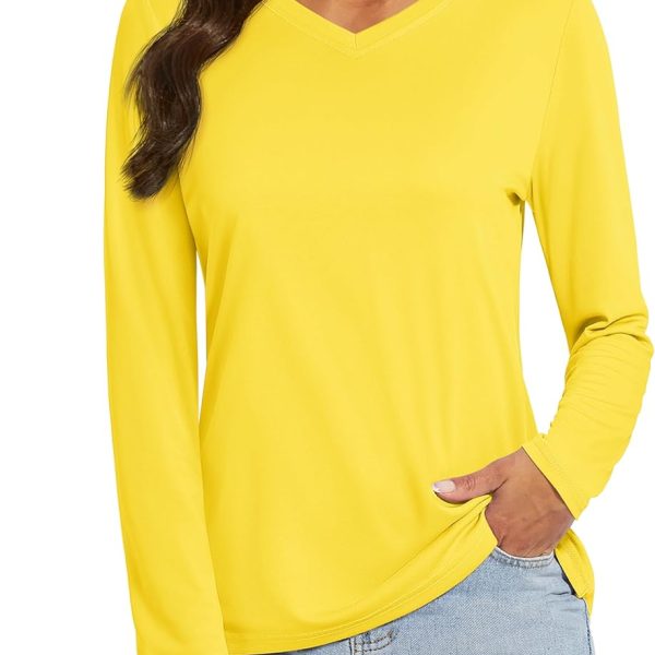 SPF Shirts for Women Long Sleeve Workout Tops V-Neck UPF 50+ UV Sun Shirt Quick Dry Performance Tees Swim Tops