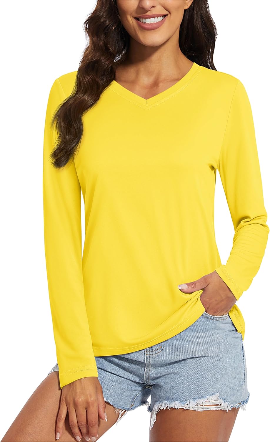 SPF Shirts for Women Long Sleeve Workout Tops V-Neck UPF 50+ UV Sun Shirt Quick Dry Performance Tees Swim Tops