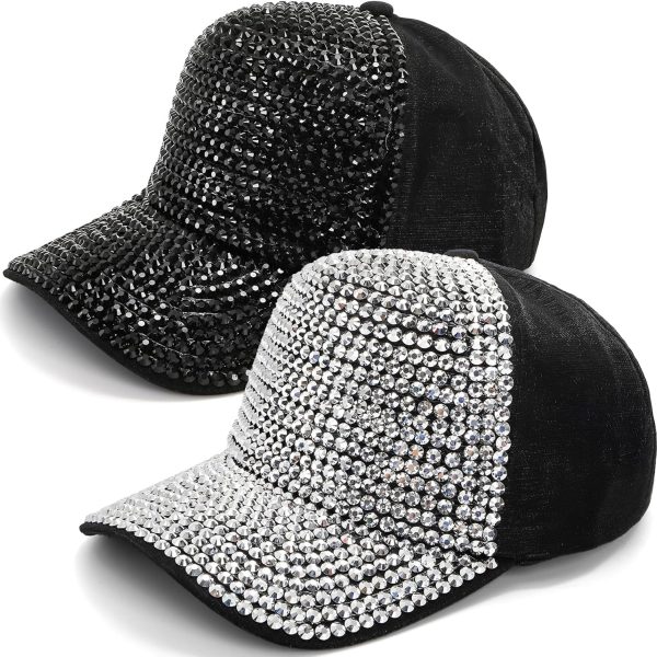 Set of 2 Rhinestone Baseball Caps, Adjustable Snapback Baseball Hat for Women Men, Breathable Sparkle Bling Sun Hat for Sport, Party, Outdoor Activities Black