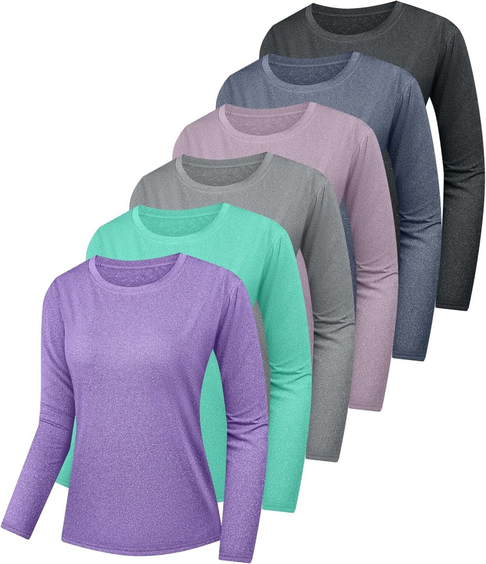 6 Pack Women's Long Sleeve Workout Dry Fit Shirts, UPF 50+ Rash Guard SPF UV Sun Protection Shirts Crew Neck